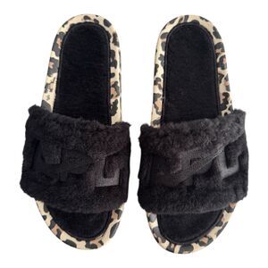 APL Women’s Shearling Furry Slide Sandals in Black/Leopard Size 8